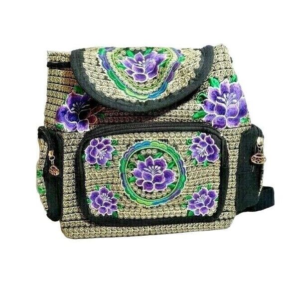 Embroidered Floral Backpack Small Zip Pockets Purple Flower Drawstring Gift NEW - Picture 1 of 4